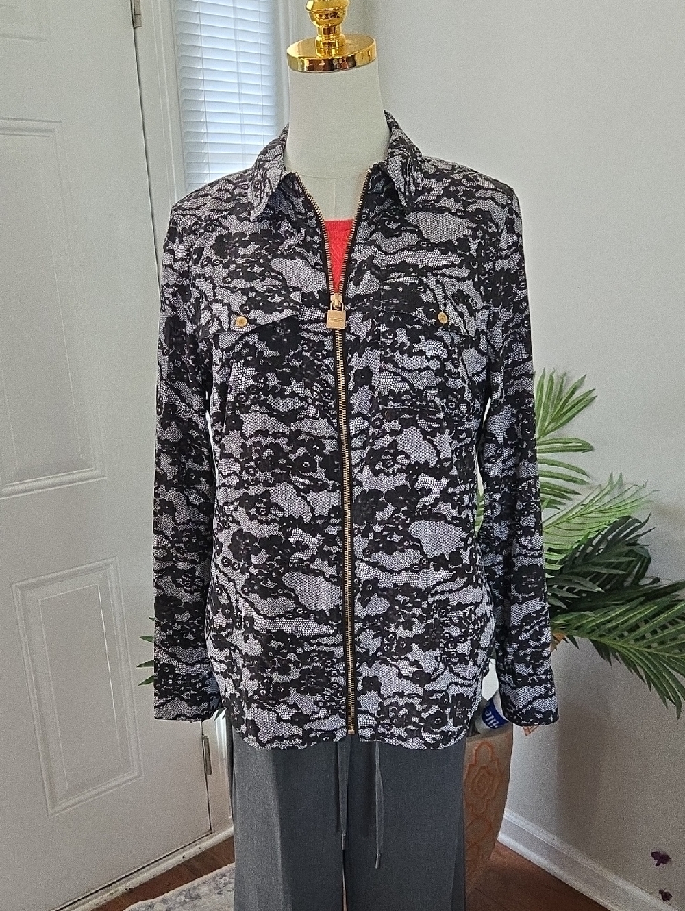 MICHAEL Michael Kors Black and White Lace-Print Utility Jacket